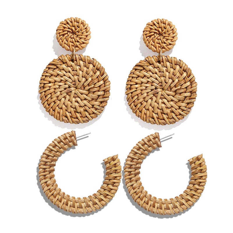 HSWE Rattan Statement Hoop Earrings - Woven Dangle Drop Earrings Set - Image 1